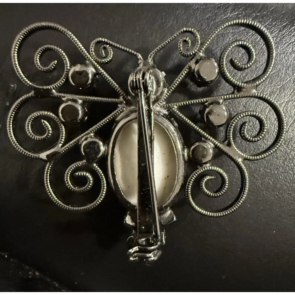 Vintage MOD Style White Milk Glass Stones Butterfly Brooch Gunmetal Silver Tone